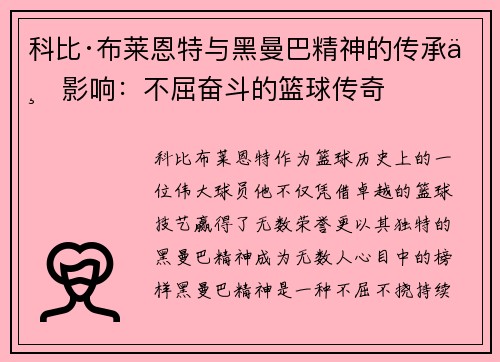 科比·布莱恩特与黑曼巴精神的传承与影响:不屈奋斗的篮球传奇 科比·布莱恩特与黑曼巴精神的传承与影响:不屈奋斗的篮球传奇