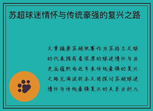 苏超球迷情怀与传统豪强的复兴之路 苏超球迷情怀与传统豪强的复兴之路