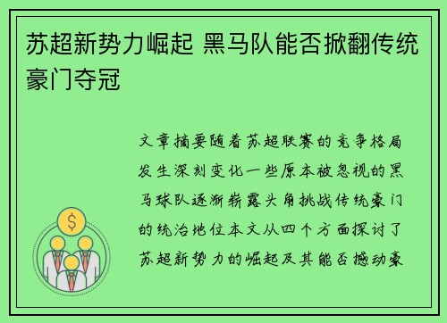 苏超新势力崛起 黑马队能否掀翻传统豪门夺冠 苏超新势力崛起 黑马队能否掀翻传统豪门夺冠